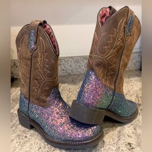Girls Cowboy Boots 13.5 Crazy Horse Brown and Mermaid Glitter Wide Square Toe